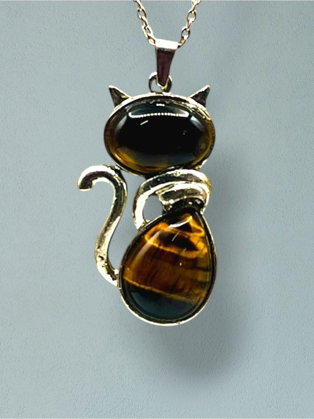 Cute Tiger Eye Natural Stone Cat Kitten Pendant Necklace Silver Tone